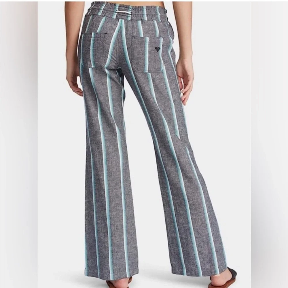 Roxy Oceanside Yarn Linen Cotton Blend Gray Striped Wide Leg Pants Medium - Picture 2 of 14